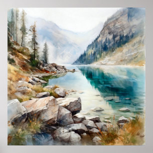  Mountain Lake Watercolor Painting Art Print