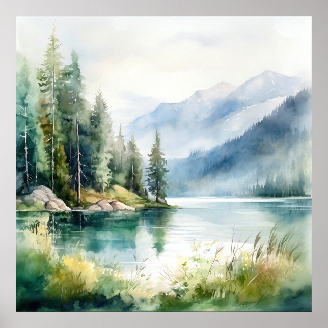  Mountain Lake Watercolor Painting Art Print (Front)