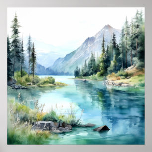 Mountain Lake Watercolor Painting Art Print