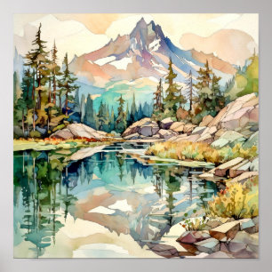 Mountain Lake Watercolor Painting Art Print