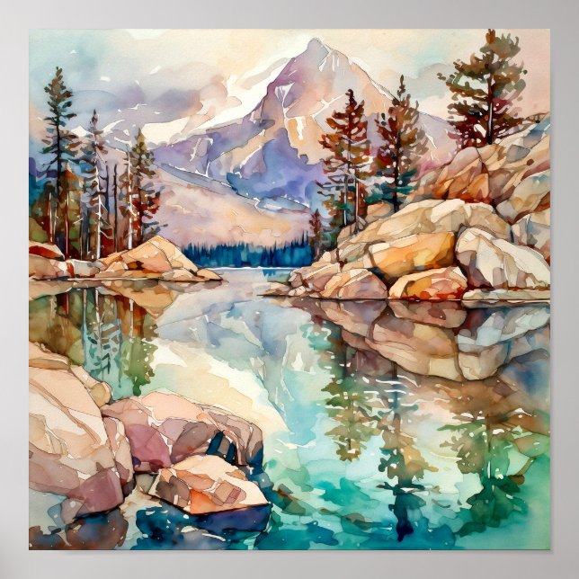Mountain Lake Watercolor Painting Art Print (Front)
