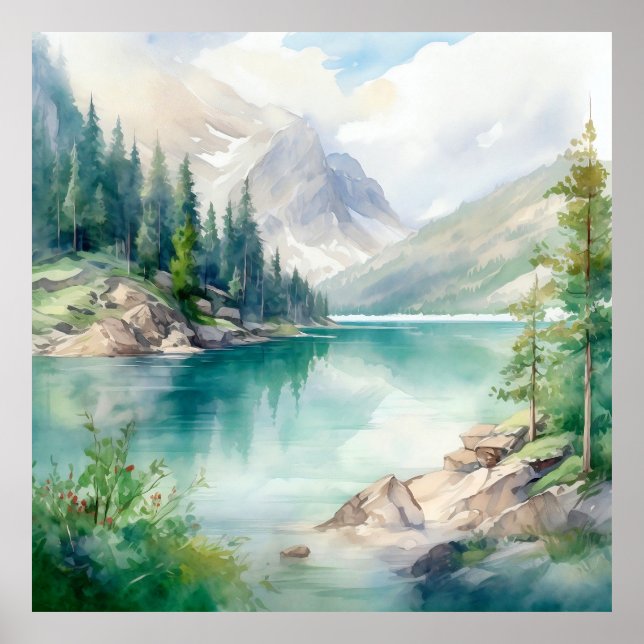  Mountain Lake Watercolor Painting Art Print (Front)