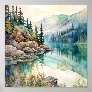 Mountain Lake Watercolor Painting Art Print