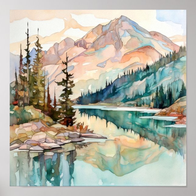 Mountain Lake Watercolor Painting Art Print (Front)
