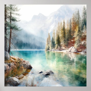  Mountain Lake Watercolor Painting Art Print