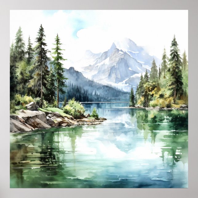  Mountain Lake Watercolor Painting Art Print (Front)