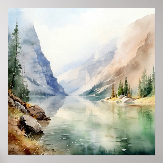  Mountain Lake Watercolor Painting Art Print (Front)