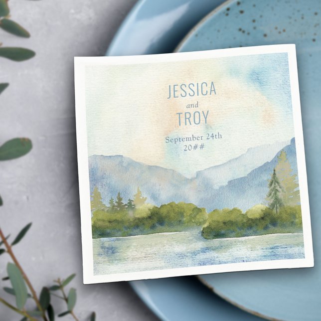 Mountain Lake Watercolor Personalised Wedding Napkin (Creator Uploaded)