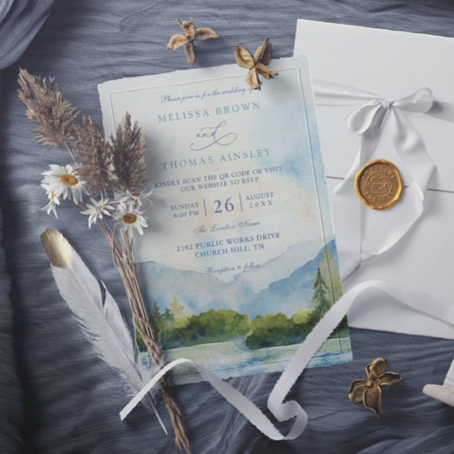 Mountain Lake Watercolor Pine Tree QR Code Wedding Invitation (Creator Uploaded)