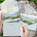 Mountain Lake Watercolor Wedding All In One Invitation<br><div class="desc">Trifold mountain lake wedding invitation with scenic watercolor design in shades of dusty blue and green. The lakeside scene features mountains,  greenery and pine trees,  the lake and a light sky.  If you would like matching products,  please browse my Mountain Lake collection.</div>