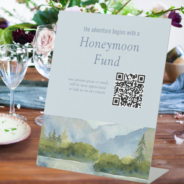Mountain Lake Watercolor Wedding Honeymoon Fund Pedestal Sign (Honeymoon Fund sign from the Mountain Lake wedding collection by Darling & May)