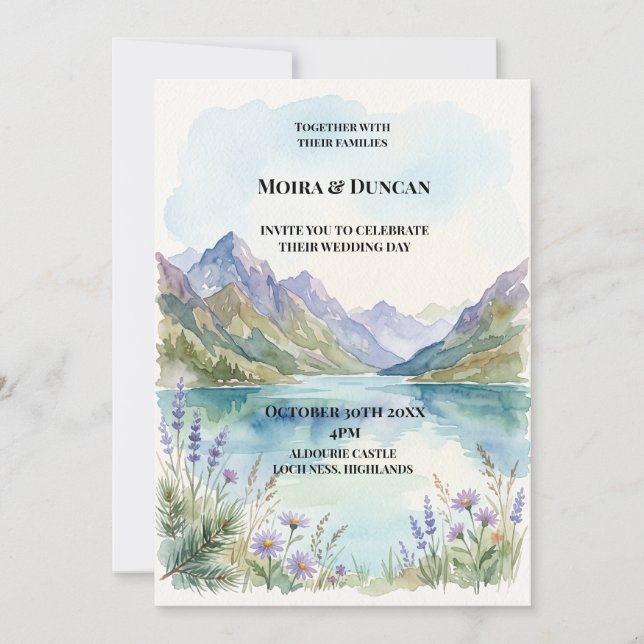 Mountain Lake Watercolor Wedding Invitation (Front)