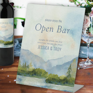 Mountain Lake Watercolor Wedding Open Bar Pedestal Sign