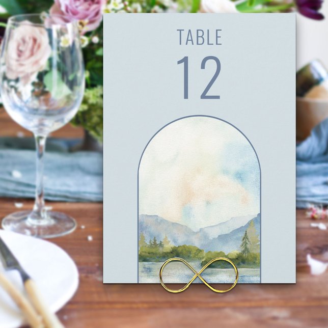 Mountain Lake Watercolor Wedding Table Number (Creator Uploaded)