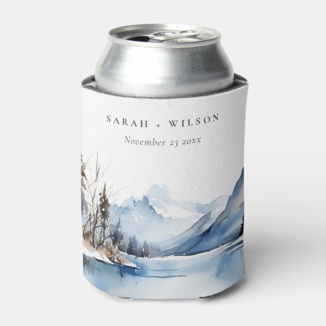Mountain Lake Winter Snow Landscape Wedding Can Cooler (Can Front)