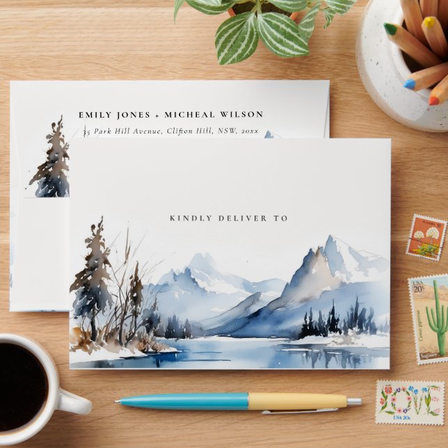 Mountain Lake Winter Snow Landscape Wedding Envelope (Desk)