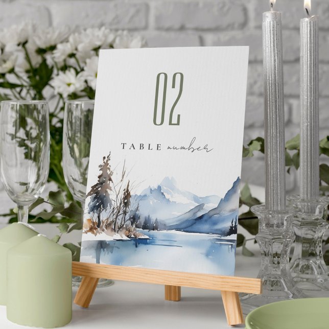 Mountain Lake Winter Snow Landscape Wedding Table Number (Creator Uploaded)
