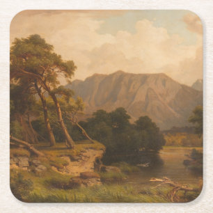 Mountain Lake with Herons – Heinrich Funk Square Paper Coaster
