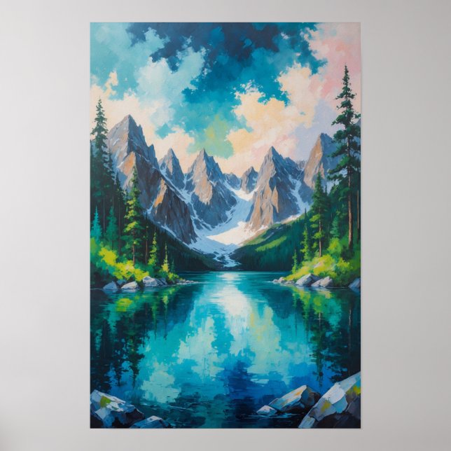 Mountain Lake with Pine Forest Reflection Scenic Poster (Front)