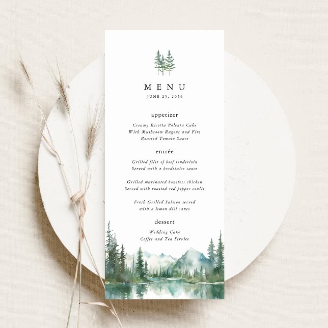 Mountain Lake Woodland Wedding Reception Dinner Menu (Mountain Lake Wedding Menu Card, Watercolor Woodland Wedding Menu, Forest Wedding Reception Menu)