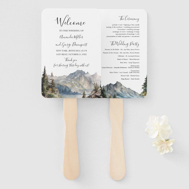 Mountain lakeside forest wedding program fan (Front and Back)