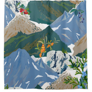 Mountain landscape and wild berry. Seamless vintag Shower Curtain