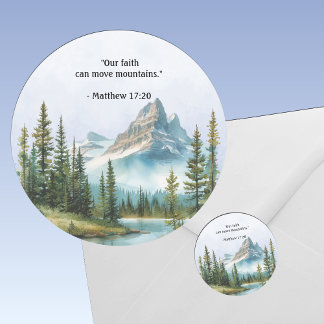 Mountain Landscape Bible Verse Blue Mist Classic Round Sticker