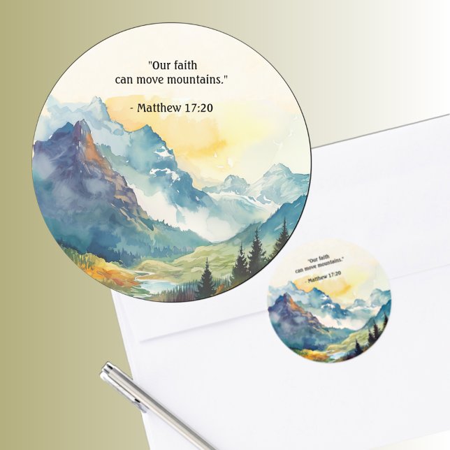Mountain Landscape Bible Verse Coral Classic Round Sticker (Creator Uploaded)