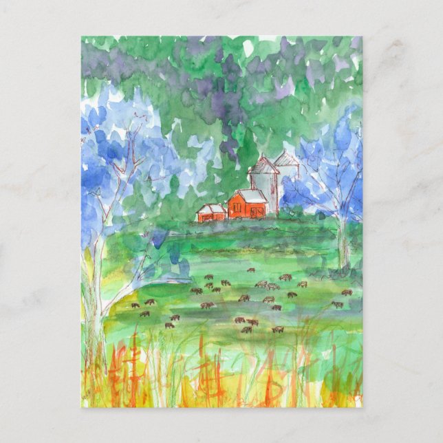 Mountain Landscape Cows Red Barn We've Moved Postcard (Front)