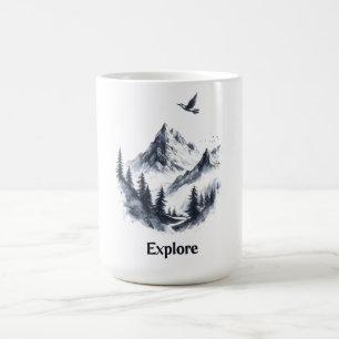 Mountain Landscape Drawing with Flying Bird Coffee Mug