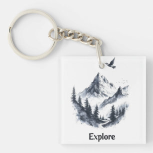 Mountain Landscape Drawing with Flying Bird Key Ring