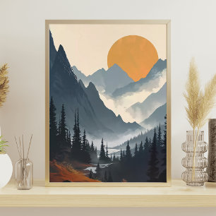 Mountain Landscape Illustration Orange Grey Poster