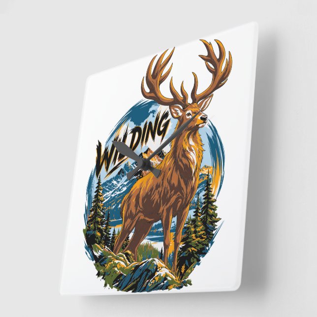 Mountain Landscape Stag Square Wall Clock (Angle)