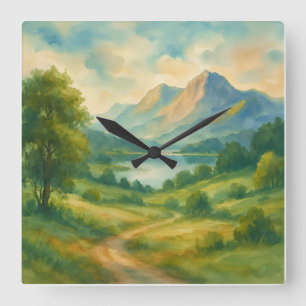 Mountain Landscape - Watercolor Painting Style Art Square Wall Clock