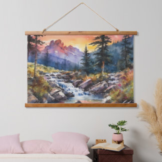 Mountain landscape with a waterfall at sunset hanging tapestry