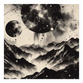 Mountain Landscape with Abstract Circles, Black  Photo Print