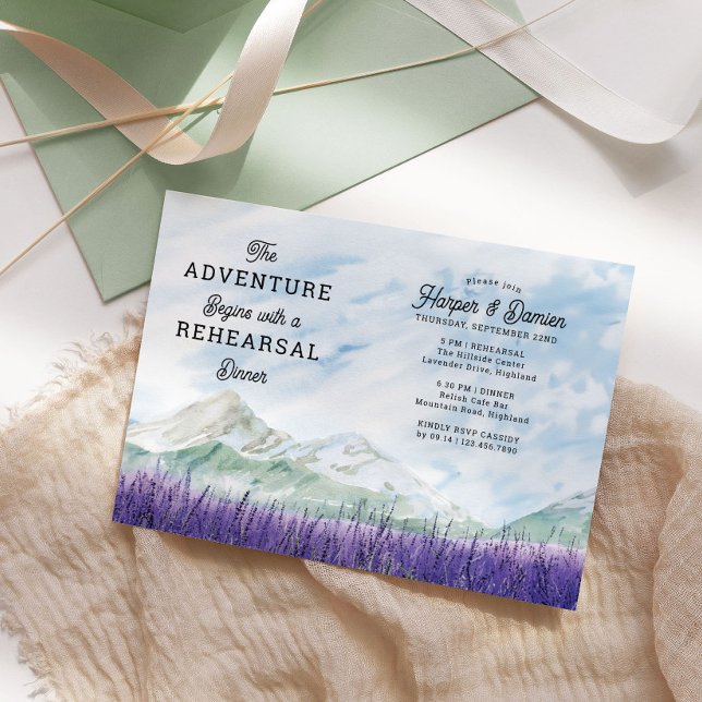 Mountain Lavender Adventure Begin Rehearsal Dinner Invitation (Wedding Rehearsal Dinner Invitation from my Mountain Lavender Wedding Collection)