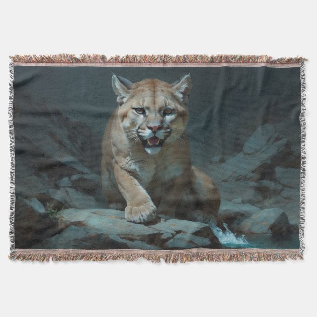 Mountain Lion at a Rock Pool Throw Blanket (Front)