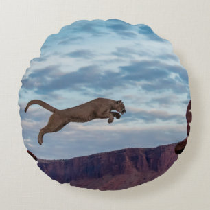 Mountain Lion Jumping Morning Skyjump,lion,animal, Round Cushion