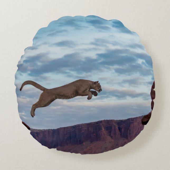 Mountain Lion Jumping Morning Skyjump,lion,animal, Round Cushion (Front)