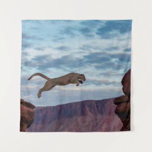 Mountain Lion Jumping Morning Skyjump,lion,animal, Tapestry