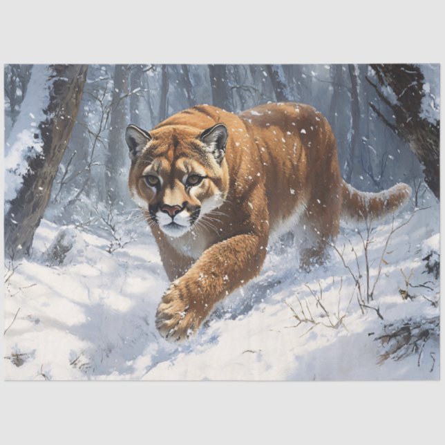 Mountain Lion Prowling in the Snow Decoupage Tissue Paper (Front)