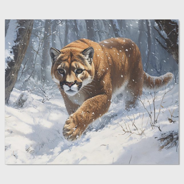 Mountain Lion Prowling in the Snow Decoupage Wrapping Paper (Flat)