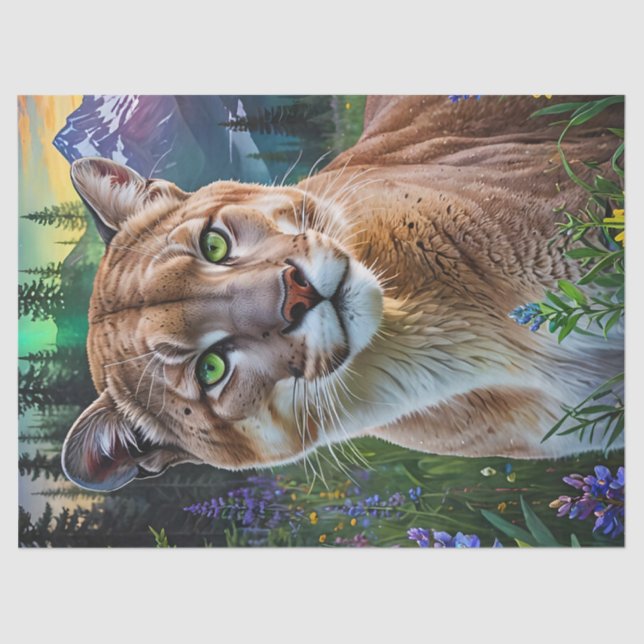 Mountain Lion, Puma in wildflowers Mountains Tissue Paper (Front)