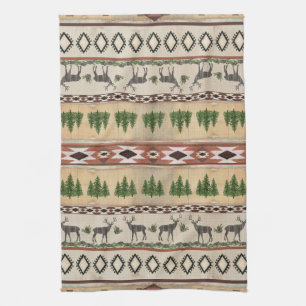 Mountain Lodge Rustic Wood Forest Deer Tribal Art Tea Towel