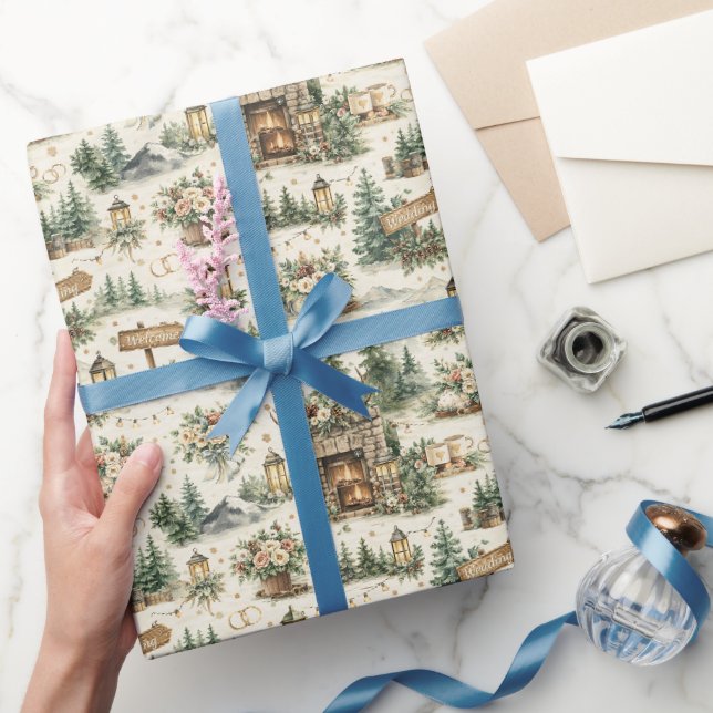 Mountain Lodge Wedding Watercolor Pattern Wrapping Paper (Gifting)