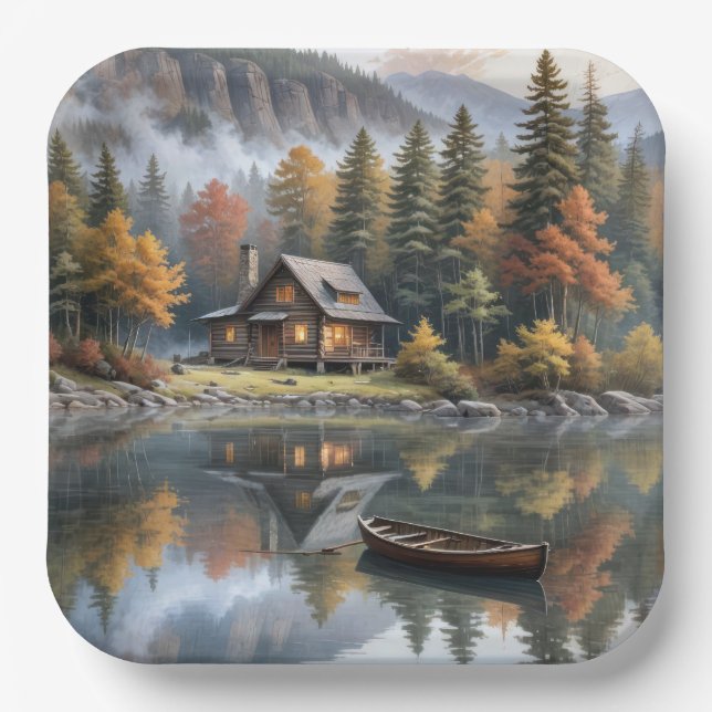 Mountain Log Cabin With Rowboat On a Lake Paper Plate (Front)