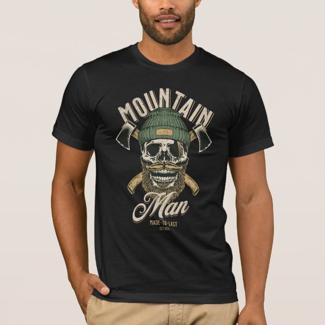 Mountain man; bearded skull; axes; nature lover;  T-Shirt (Front)