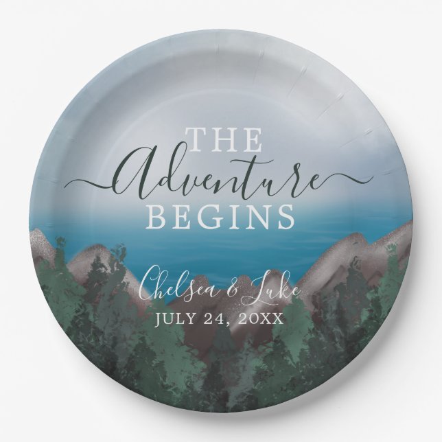 Mountain Meets Ocean The Adventure Begins Wedding Paper Plate (Front)