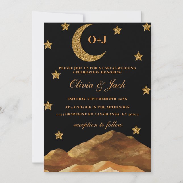 Mountain moon night black watercolor gold  Wedding Invitation (Front)